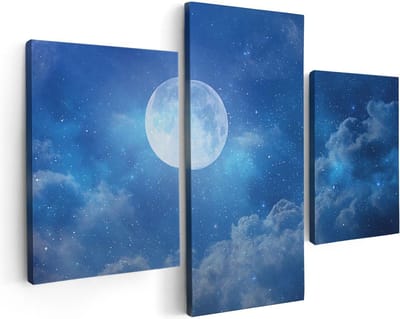 Artaza Canvas Schilderij Drieluik Volle Maan in de Blauwe Hemel met Sterren - 90x60 - Foto Op Canvas - Canvas Print