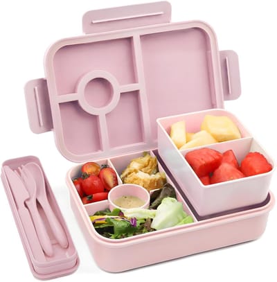 Famanu - Lunchbox, lekvrij, lunchbox met 5 + 2 vakken voor maaltijden, bento-boxen met bestek, geïsoleerde lunchbox voor volwassenen en, voor picknick, werk, school, roze, 1300 ml
