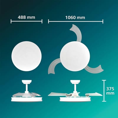 Philips Solr Plafondventilator met LED-lamp - 3 Intrekbare bladen - Diameter: 106cm - Drie tinten wit licht (2700K / 4000K / 5500K) - Dimbaar tot 10% - Afstandsbediening - Wit - 4500 Lumen
