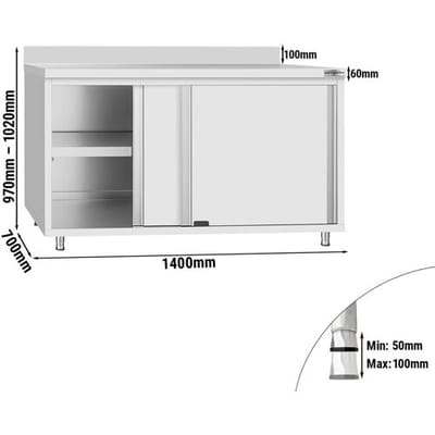 GGM Gastro Edelstahl Arbeitsschrank ECO - 1400x700mm - mit Schiebetür & Aufkantung Zilver
