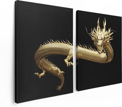 Artaza Canvas Schilderij Tweeluik Gouden Draak - 120x80 - Foto Op Canvas - Canvas Print