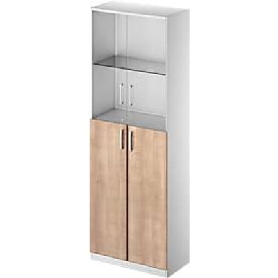 Schäfer Shop Genius Combikast TETRIS SOLID, 6 ordnerhoogten, glazen deuren en vleugeldeuren, B 800 mm, afsluitbaar, glas/beukenpatroon/blank aluminium