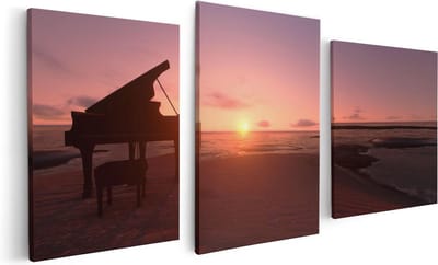 Artaza Canvas Schilderij Drieluik Piano op het Strand bij Zonsondergang - 120x60 - Foto Op Canvas - Canvas Print