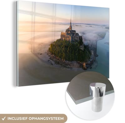 ® Glasschilderij 180x120 cm - Schilderij acrylglas - Kasteel - Frankrijk - Mist - Foto op glas - Muurdecoratie woonkamer - Wanddecoratie slaapkamer - Schilderijen