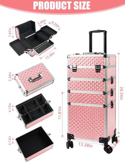 Draagbare Professionele Make-uptreinkoffer 4 in 1 met Nagellak en Haarproducten - Roze nagelstyliste koffer