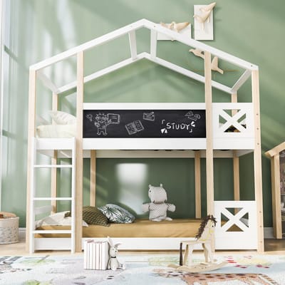 MEUNIQ kinder hoogslaper boomhut 90 x 200 cm met ladder, valbeveiliging en lattenbodem, bedframe voor kinderkamer, geschikt voor matras 90 x 200 cm, wit