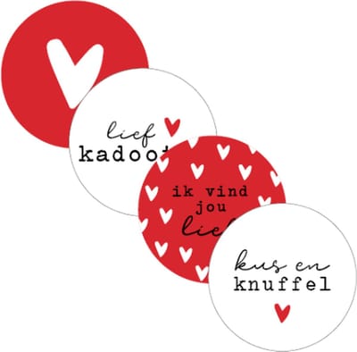 Sluitsticker Sticker Liefde | Lief - Kus - Knuffel - 4 assorti | Traktatiezakje - Valentijn - Moederdag - Huwelijk - Envelop sticker | Cadeau - Gift - Cadeauzakje - Traktatie - Kado - Kadozakje | Chique inpakken | Verjaardag - Feest - Birthday