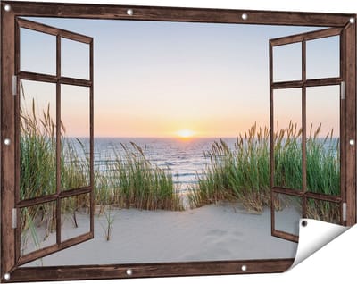 Gards Tuinposter Doorkijk Zee vanuit Duinen met Zonsondergang - 120x80 cm - Tuindoek - Tuindecoratie - Wanddecoratie buiten - Tuinschilderij
