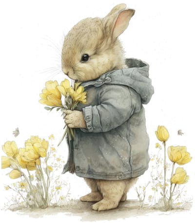 Poster konijn met bloemen-posters-A4 formaat-watercolours spring-winter animals-dieren-kinderkamer accessoires-babykamer accessoires