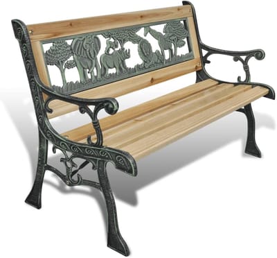 Kinderbankje Dierenpatroon - Houten Tuinbank voor Kinderen 84 cm - Nostalgisch Brons & Hout - Decoratieve Buitenbank voor de Tuin