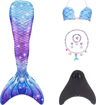Joya Kids® Galaxy Zeemeerminstaart voor Kinderen | Roze Blauw Mermaid Staart met Monovin | Verkleedkleding meisje | Inclusief Zeemeermin Ketting, oorbellen, ring en Armband | Inclusief bikini top | Maat L (130)
