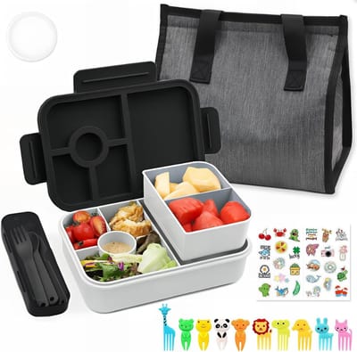 Famanu - Bento Lunchbox, 1300 ml, lekvrij, met 4 vakken, bestek voor en volwassenen, snackbox voor school, kleuterschool, kantoor, zwart
