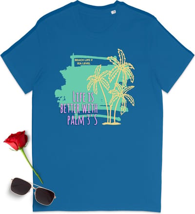 Zomer tshirt met print - Life is better with palmtrees - T-shirt met zomer opdruk heren - T shirt dames met zomer print - Vakantie t shirt voor vrouwen en mannen - Unisex maten:  S M L XL XXL XXXL - Tshirt kleuren: Zwart, geel, rood en blauw.