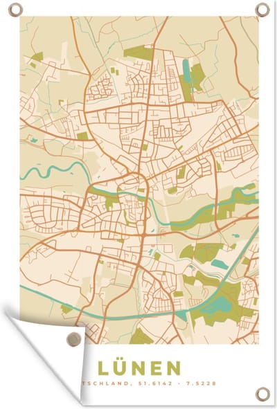 Muurdecoratie Stadskaart - Lünen - Plattegrond - Kaart - Vintage - 120x180 cm - Tuinposter - Tuindoek