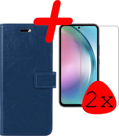 Hoesje Met 2x Screenprotector - Geschikt voor Samsung Galaxy A54 - Luxe Pasjeshouder - Bookcase Portemonee - Flip Case - Kunstleer Book Case - Flipcase Hoes - Book Cover - Walletcase - Portemonneehoes - Donkerblauw