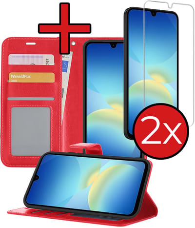 Hoesje - Met 2x Screenprotector - Geschikt voor Samsung Galaxy A26 - Luxe Pasjeshouder - Flip Case - Bookcase Portemonee - Kunstleer Book Case - Flipcase Hoes - Book Cover - Walletcase - Portemonneehoes - Telefoonhoes - Rood