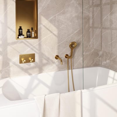 Brauer Gold Carving Thermostatische Inbouw Badkraan Drukknoppen - Uitloop - 3 stand - Doucheslang - Wandaansluitbocht - Handdouche - Goud Geborsteld Pvd