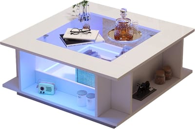 Moderne Salontafel Wit - Vierkante Salontafel - Met LED Verlichting - Glazen Plaat - 30kg Draaggewicht - Voor Woonkamer - 70x70x30 cm - Hoogglans Wit