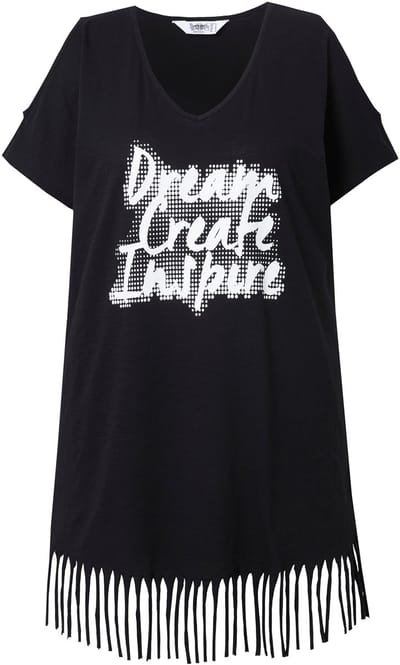 Angel of Style - Dames - Longshirt A-lijn graffitimotief puntzoom met franje - Zwart - Maat 50