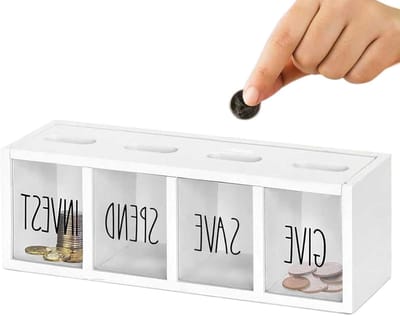 Kinder Spaarpot - Geldkistje Leren - Praktisch Geldbeheer - Transparant Vier Vakken - 35x12x10 cm - Wit