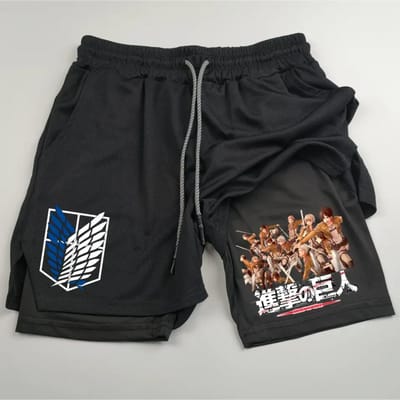 Anime Attack on Titan Print Heren Twee-in-Eén Dubbellaags Sport Fitness Casual Shorts M black