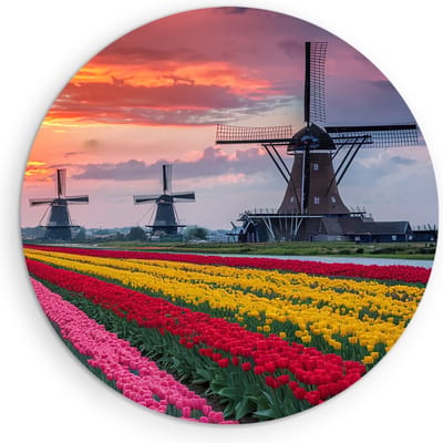 Saammp Muurcirkel Hout - Kleurrijk Tulpenveld Met Molens - Natuur - Landschap - Ø 90 - Wandcirkel - Wanddecoratie Cirkel - Muurdecoratie Woonkamer - Slaapkamer decoratie - Rond Schilderij