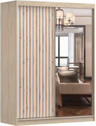 Zweefdeurkast Kledingkast met Spiegel, Schuifwandkast met decoratieve lamellen 150x200x61 cm - LABI B1 (Sonoma + Wit, 150)