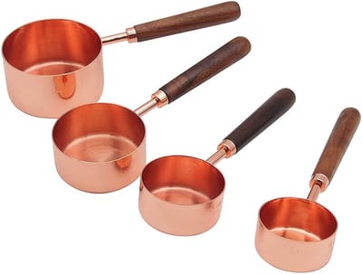 Famanu - maatbekers set met walnoot handvat 4-delig roségoud, meetbekers voor bakken koken en keuken accessoires
