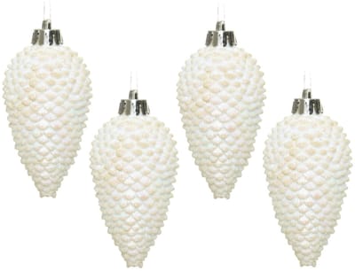 Decoris Kersthangers dennenappels - 24x - wit parelmoer -glitter - 8 cm - kunststof - kerstversiering