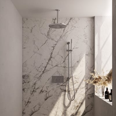 Brauer Chrome Carving thermostatische inbouw regendouche met drukknoppen SET 66 met 30 cm douchekop en plafondarm en staaf handdouche en doucheslang en geïntegreerde glijstang chroom