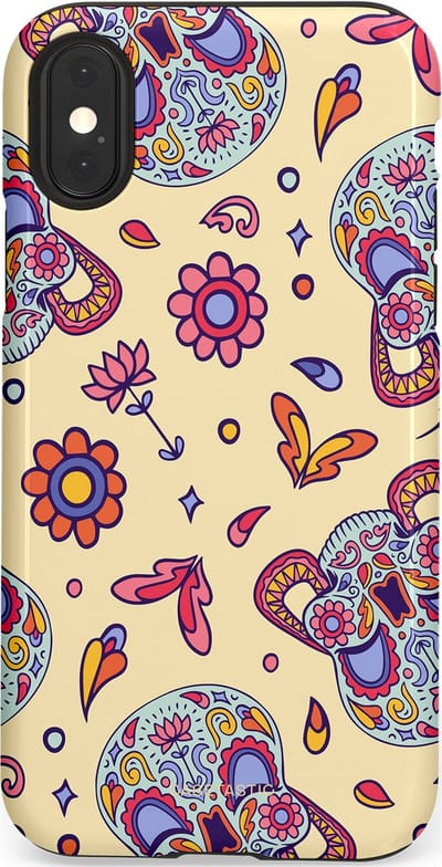 Casetastic hoesje geschikt voor Apple iPhone X / Apple iPhone XS - Dubbellaagse bescherming - Dia de los Muertos Doodshoofd Bloemen - Fashion Case - Crème Lila Zilver