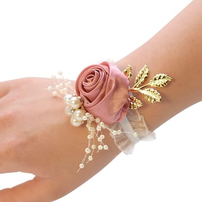Bruiloft Polsbloemen - Polsband Bloemen - Bruiloft Versiering - Met Parels - 7 x 7 cm - Goud