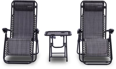 SereneLife Ligstoel set van 2 – Verstelbare Buitenkamerstoel met Afneembaar Bekerhouderblad en Zijtafel en 2 Bekerhouders – Inklapbare Relaxstoel met Verwijderbare Kussens