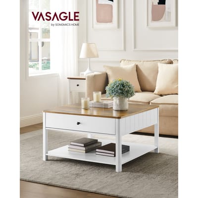 VASAGLE salontafel, woonkamertafel, salontafel, 2 grote lades, met poten, veel opbergruimte, maritieme stijl, 80x80x45 cm