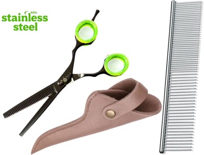 Professor Q – Professionele Effileerschaar – Zwart – Groen – 16,5 cm met Luxe Lederen Etui – 16,5 cm – Brons + Anti-Klit Kam – Pijnloos & Huisdiervriendelijk