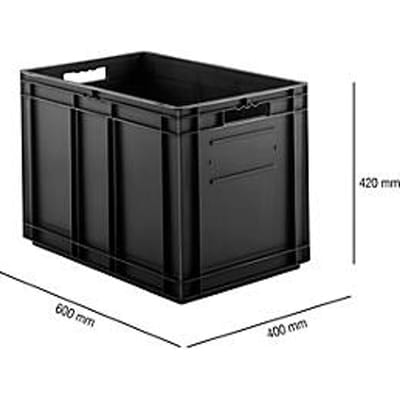 Bak in EURO-maat EF 6420, geleidend PP,  L 600 x B 400 x H 420 mm, inhoud 83,8 l, open handgrepen, zwart