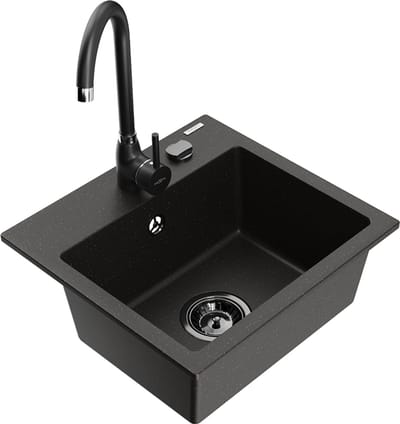 Mexen Milo granieten spoelbak met 1 bak met Telma keukenkraan, zwart/goud - 6505-75-670200-70-B