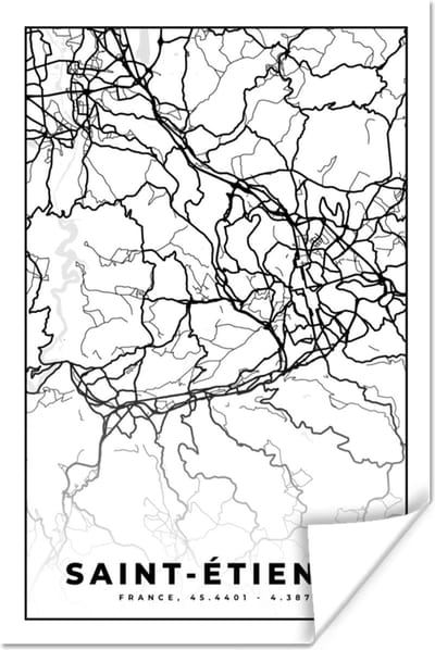 Poster Stadskaart - Saint-Étienne - Plattegrond - Kaart - Frankrijk - Zwart wit - 120x180 cm XXL