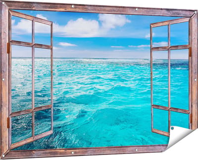 Gards Tuinposter Doorkijk Blauwe Caribische Zee Water - 150x100 cm - Tuindoek - Tuindecoratie - Wanddecoratie buiten - Tuinschilderij