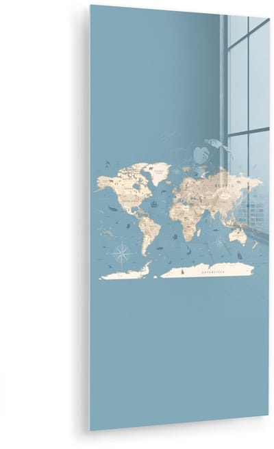 MuchoWow® Glasschilderij 40x80 cm - Schilderij acrylglas - Wereldkaart - Oceaan - Realistisch - Blauw - Foto op glas - Muurdecoratie woonkamer - Wanddecoratie slaapkamer - Schilderijen