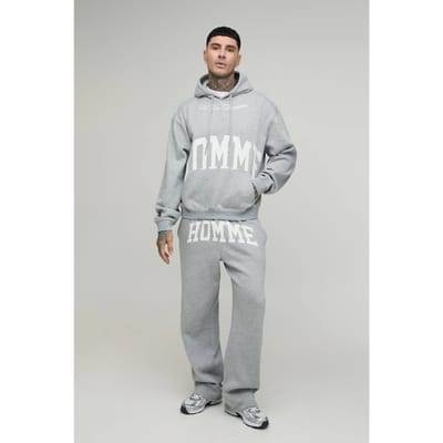 Lang Oversized Boxy Homme Bedrukte Hoodie & Rechte Pijp Trainingspak | Grey Marl | Size Small