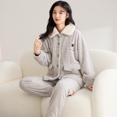 Pyjama en velours corail à porter à l'extérieur, ensemble deux pièces d'hiver pour femme, polaire épaisse, flanelle, ample, grande taille, vêtements de détente chauds M gray