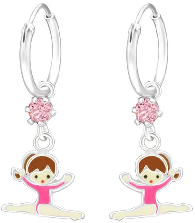 Joy|S - Zilveren ballerina turnster bedel oorbellen - oorringen - roze kristal - kinderoorbellen