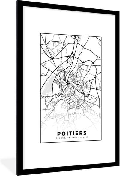 Fotolijst incl. Poster Zwart Wit- Plattegrond - Kaart - Poitiers - Frankrijk - Stadskaart - Zwart wit - 80x120 cm - Posterlijst