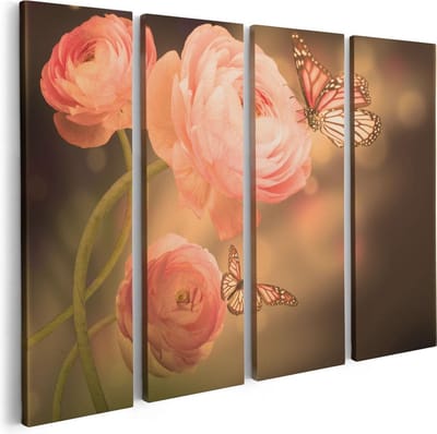 Artaza Canvas Schilderij Vierluik Twee Roze Vlinders Bij Roze Rozen - 80x60 - Foto Op Canvas - Canvas Print