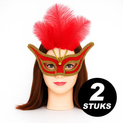 Verkleed Masker met Rode Veren en Gouden Afwerking – Set van 2 Stuks – Venetiaans Oogmasker voor Feest, Carnaval & Masquerade Bal