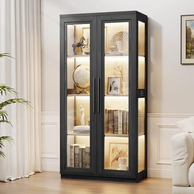 BROTTAR boekenkast zwart met glazen deuren, 4 planken, 3-kleuren LED-verlichting, bewegingssensor, soft-close scharnier en magneetslot, vitrinekast voor woonkamer, kantoor en slaapkamer