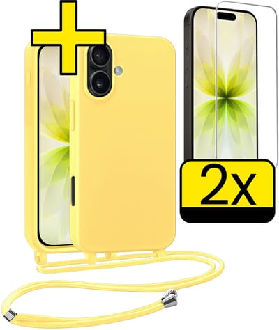 Hoesje Geschikt voor iPhone 17 Hoesje Met Koord Met 2x Screenprotector Siliconen Case - Hoes Geschikt voor iPhone 17 Backcover Met Afneembaar Koord - Geel