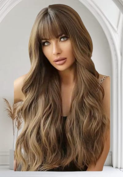 Frazimashop – Ombre Bruine / Zwarte Pruik met Pony – 28 inch (70 cm) – Lang Golvend Haar – Dames – Hittebestendig – Verstelbaar – Wasbaar – Synthetisch Haarwerk