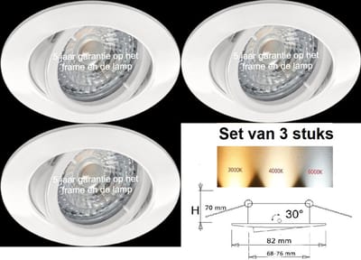 Witte GU10 Inbouwspots 3 Stuks 230V 2700K – Dimbaar – Draaibaar & 30° Kantelbaar – Sparing Ø68-76 mm – Aluminium Zaagmaat (plafond): Ø 68 – 76 mm